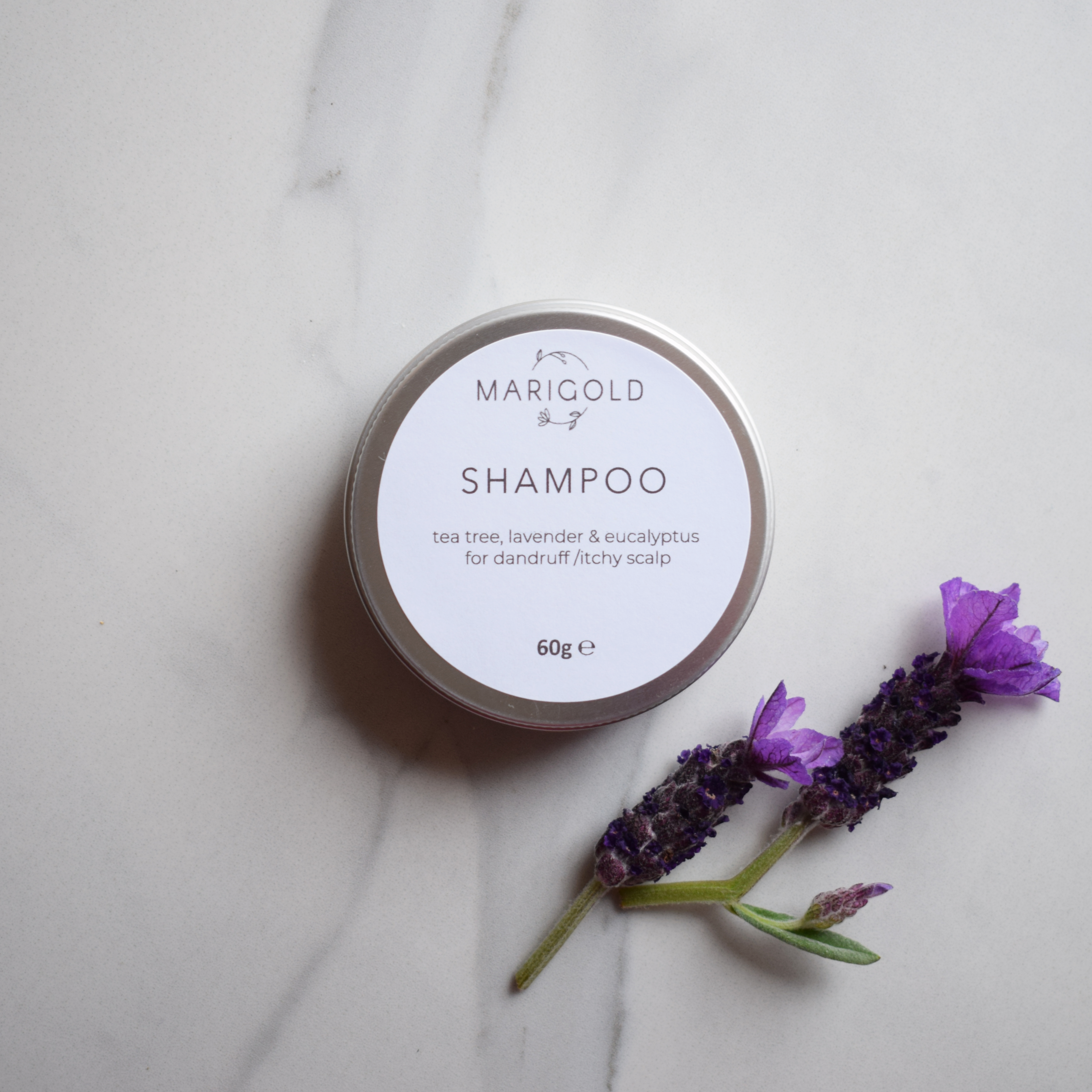 Marigold Charms Tea Tree Lavender Eucalyptus shampoo solido 60g