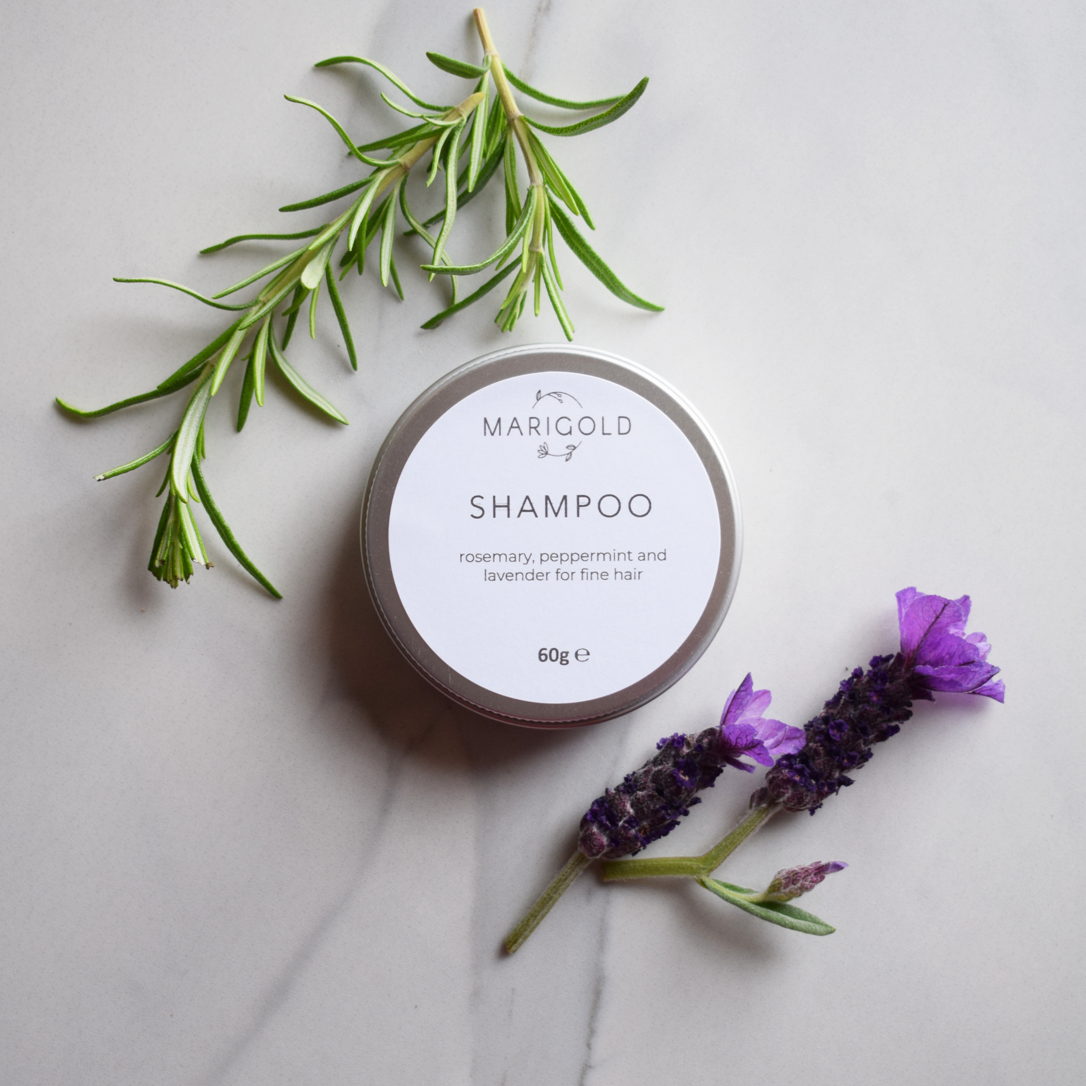 Marigold Charms Rosemary Peppermint Lavender shampoo solido fini