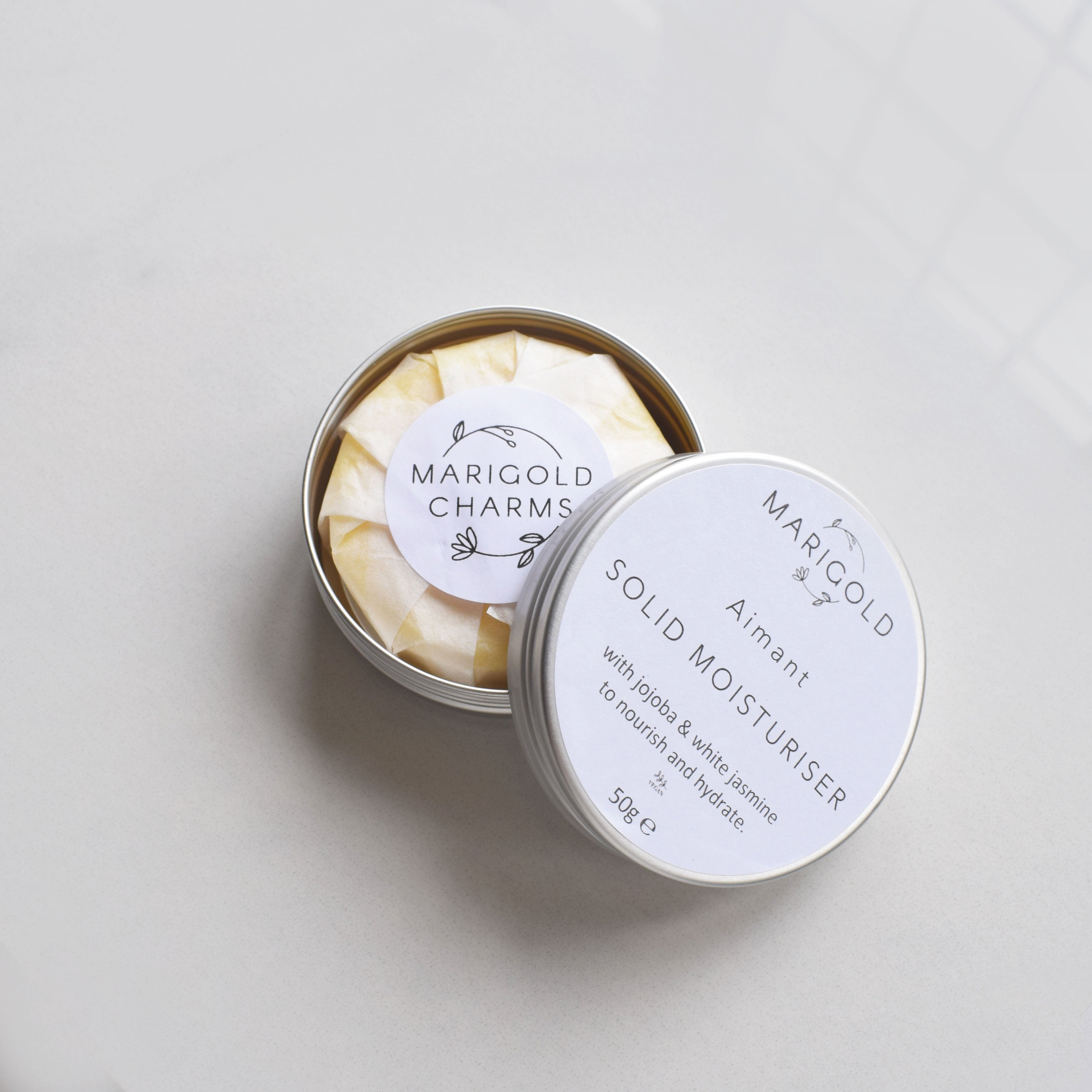 Marigold Charms crema corpo solida burro karitè barattolo latta