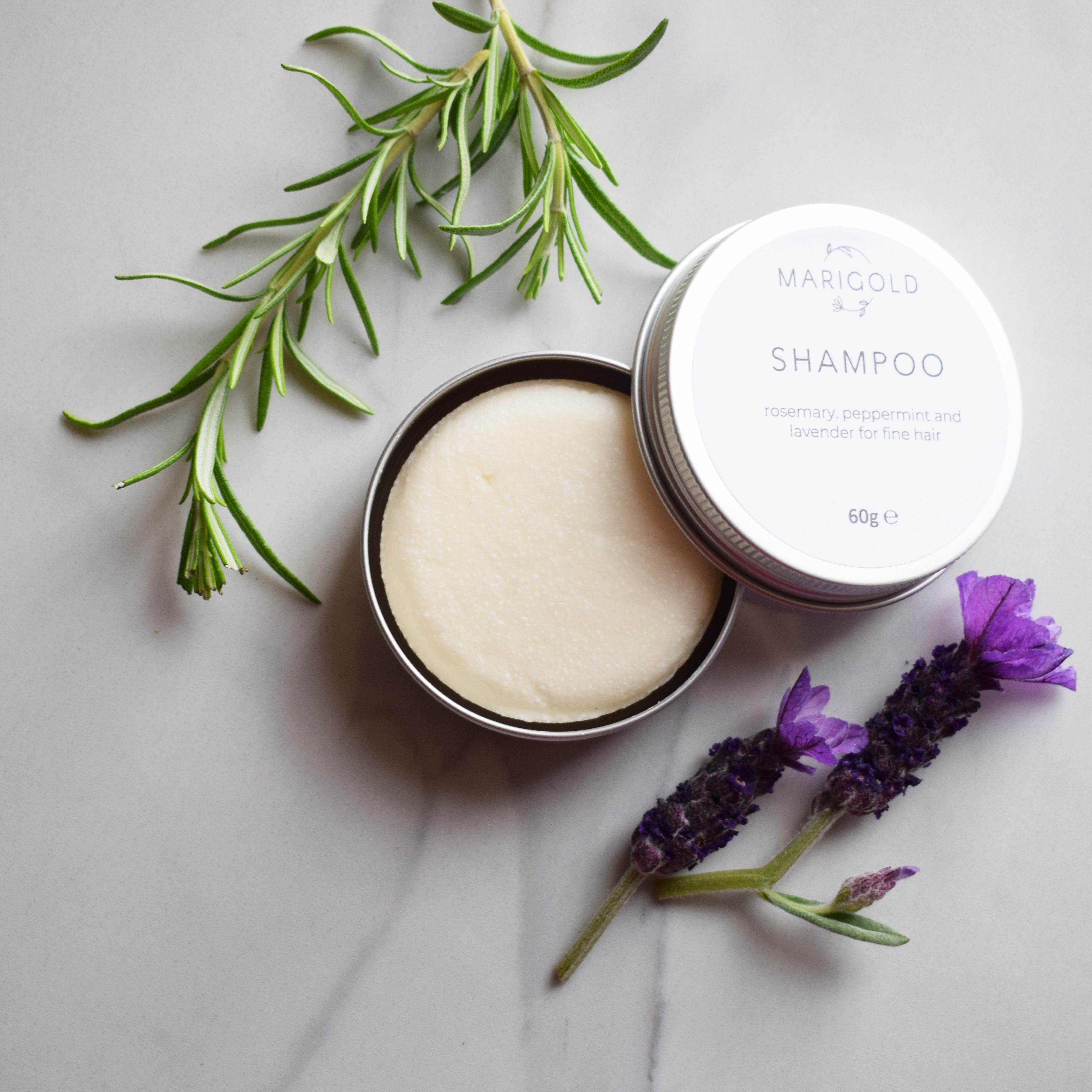 Marigold Charms Rosemary Peppermint Lavender shampoo solido fini