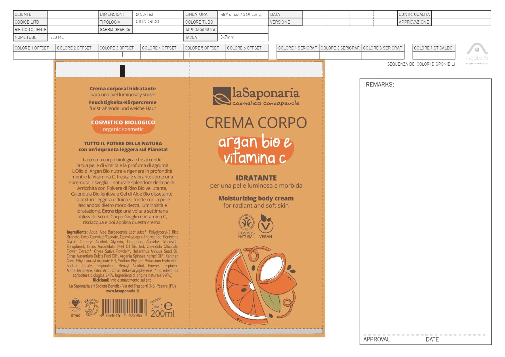 La Saponaria Argan e Vitamina C crema corpo 200 ml illuminante