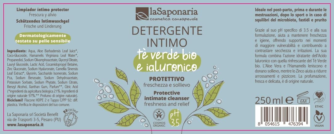 La Saponaria Detergente Intimo Bio Tè Verde 250 ml protettivo