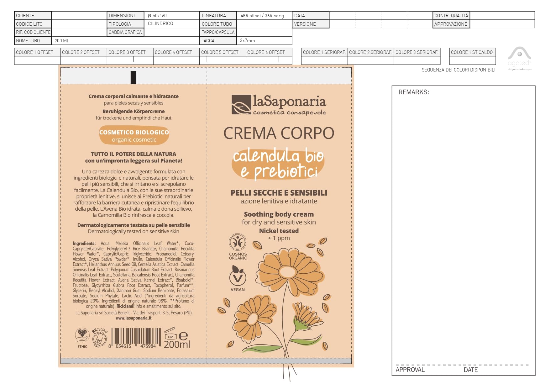 La Saponaria Crema Corpo Calendula e Prebiotici 200 ml pelli secche