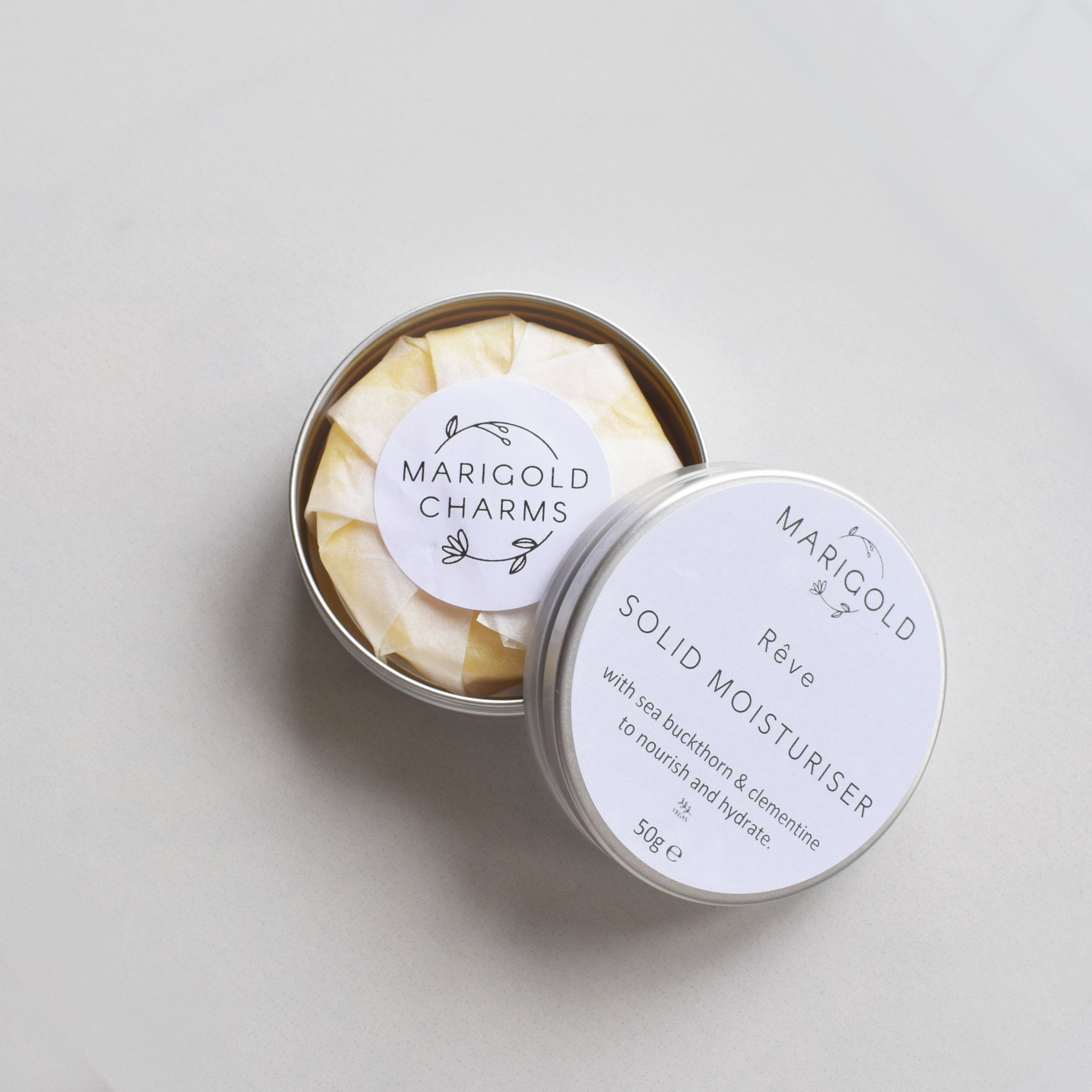 Marigold Charms crema corpo solida burro karitè barattolo latta