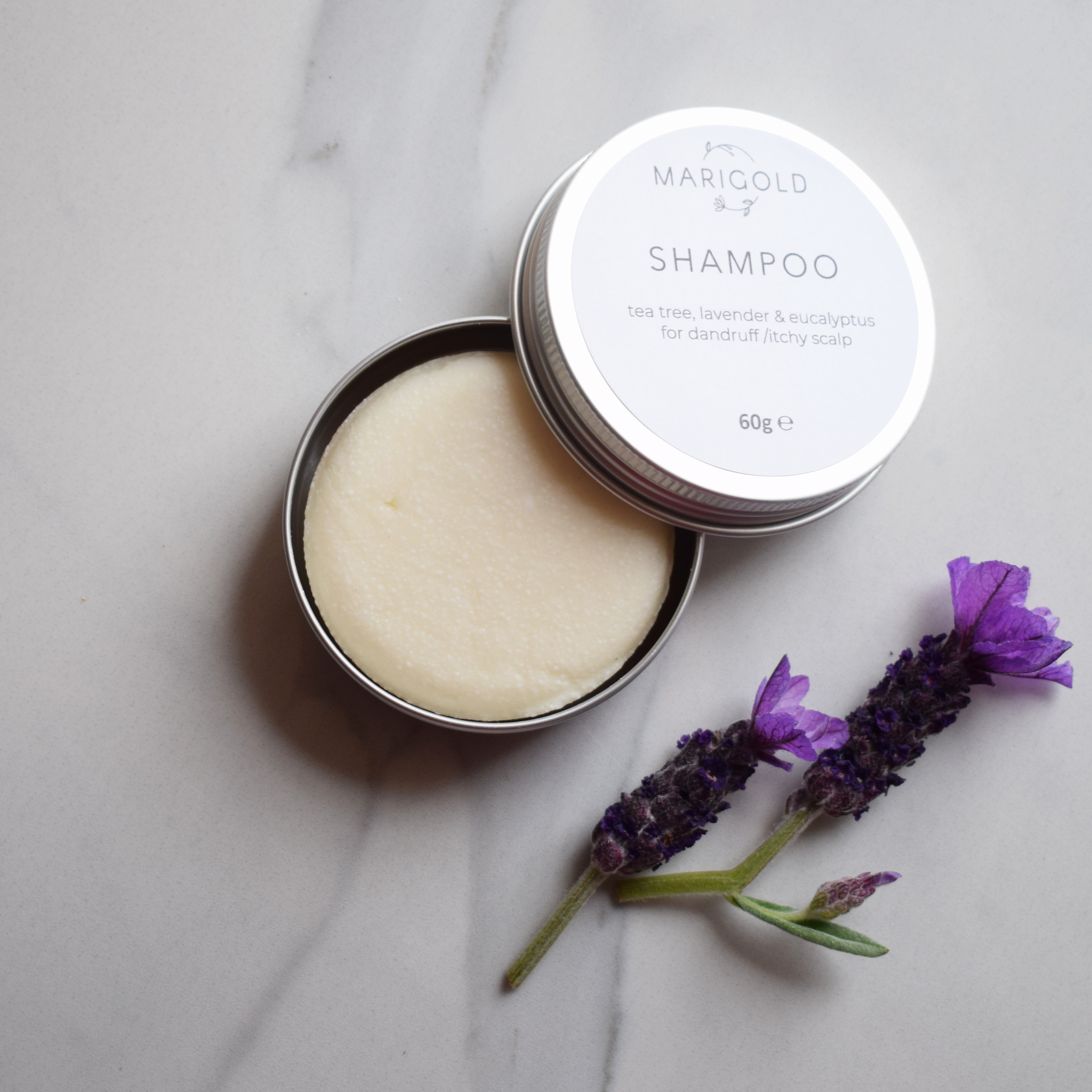 Marigold Charms Tea Tree Lavender Eucalyptus shampoo solido 60g