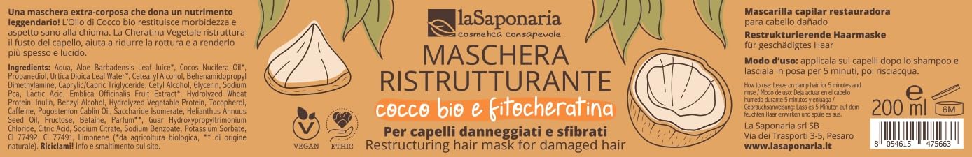 La Saponaria Maschera Capelli Cocco Bio 200 ml riparatrice